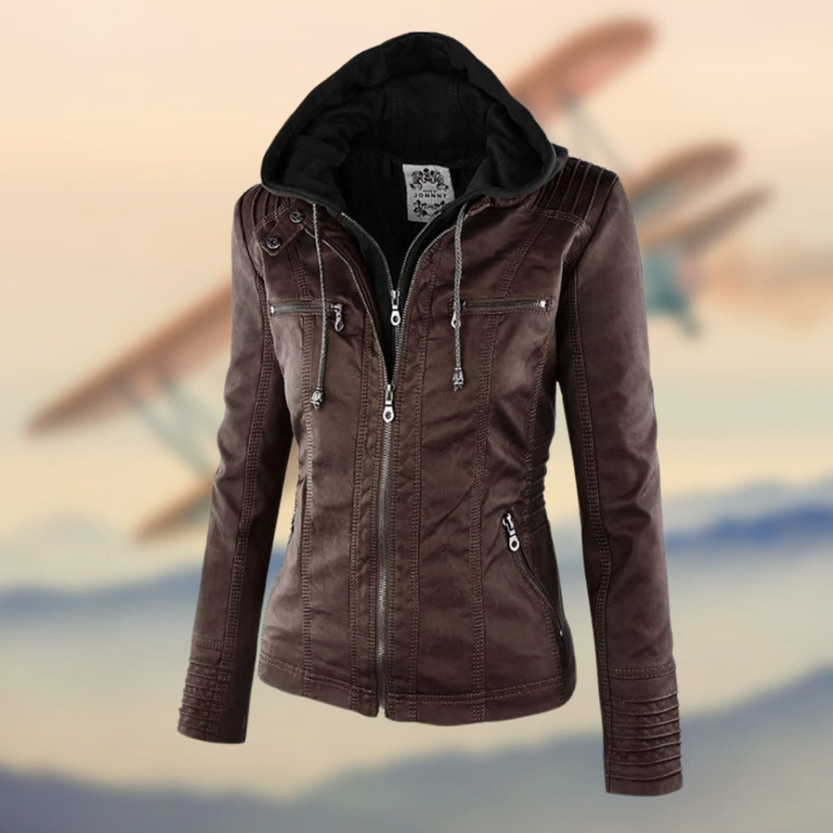 Valentina | Black Tan Leather Biker Moto Puffer Jacket Fur Collar — Dark Brown