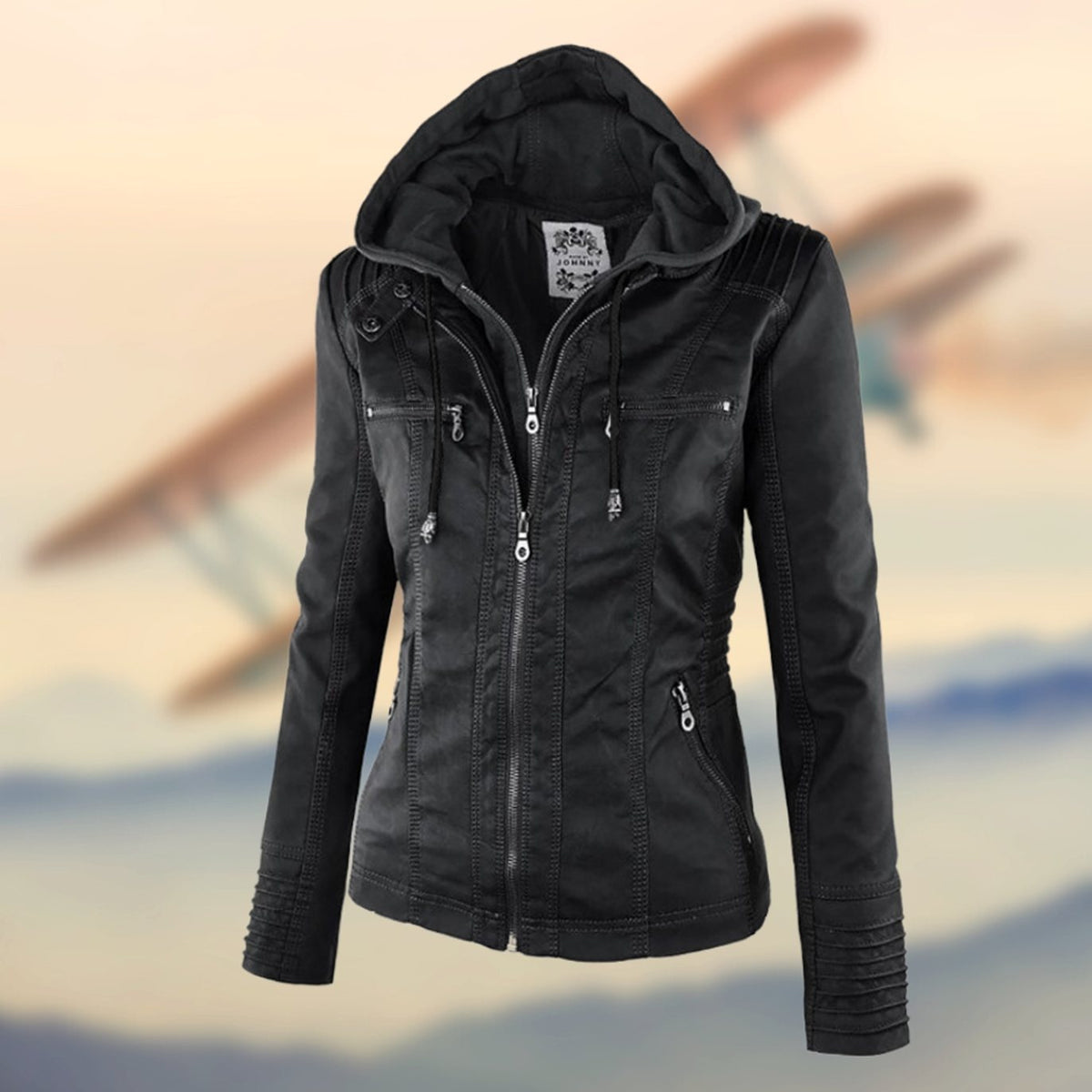 Valentina | Black Tan Leather Biker Moto Puffer Jacket Fur Collar — Black