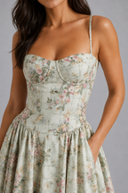 Berenice | Floral Midi Wedding Guest Dress With Corset Detail
