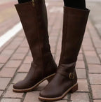Manon | Black Leather Knee High Riding Boots With Ankle Strap — Dark Brown