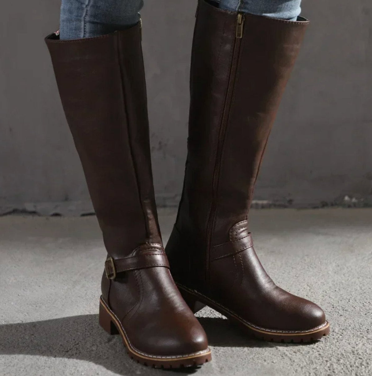Manon | Black Leather Knee High Riding Boots With Ankle Strap