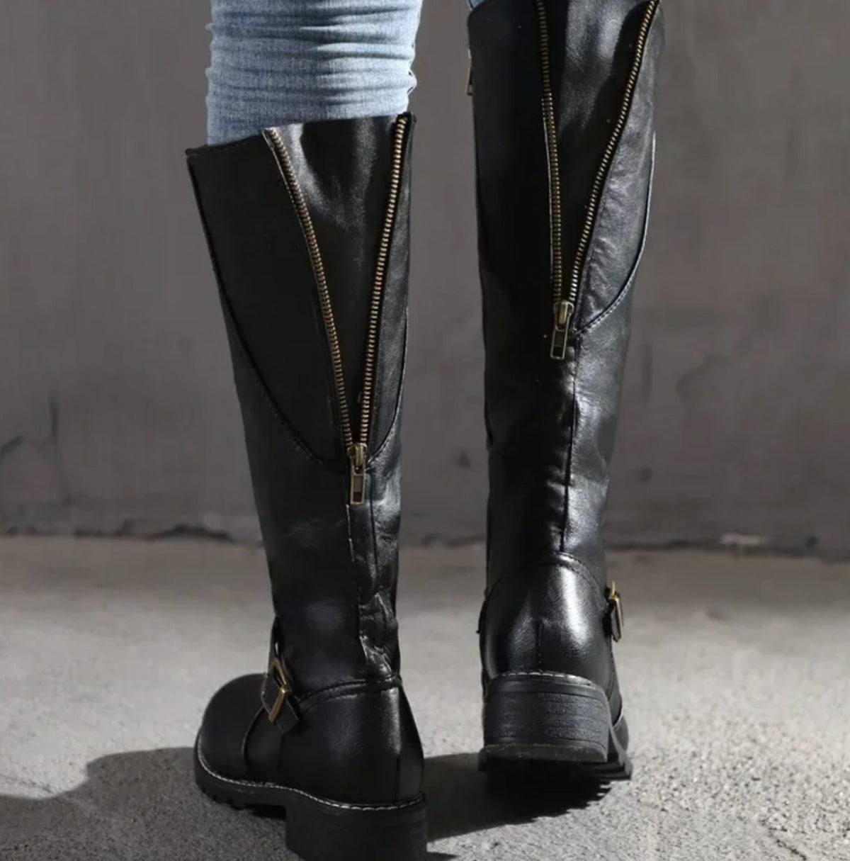 Manon | Black Leather Knee High Riding Boots With Ankle Strap — Black