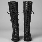 Marguerite | Black Leather Knee High Boots Block Heel Stiletto — Black