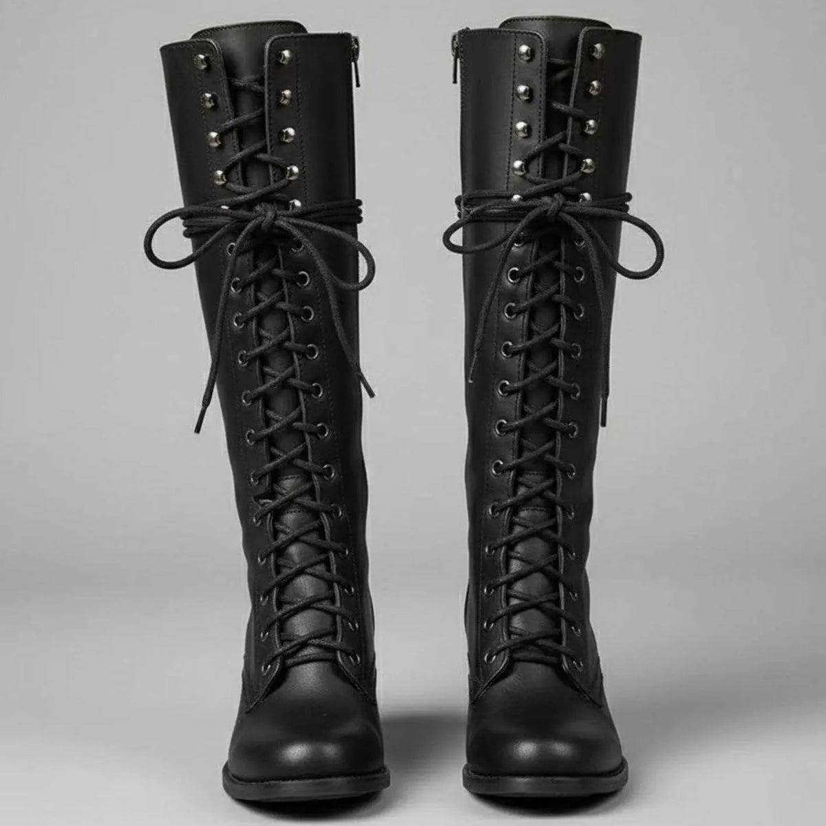 Marguerite | Black Leather Knee High Boots Block Heel Stiletto — Black