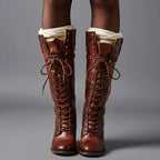 Marguerite | Black Leather Knee High Boots Block Heel Stiletto — Red Brown