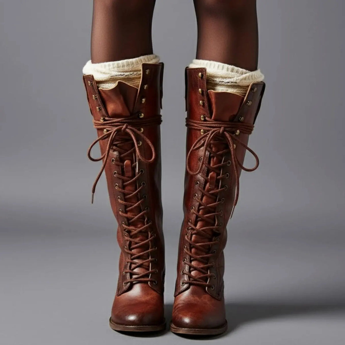 Marguerite | Black Leather Knee High Boots Block Heel Stiletto — Red Brown