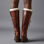 Marguerite | Black Leather Knee High Boots Block Heel Stiletto