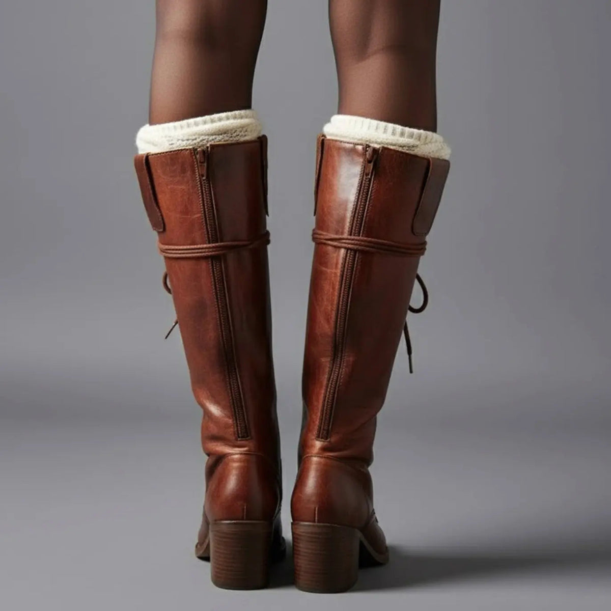 Marguerite | Black Leather Knee High Boots Block Heel Stiletto