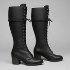 Marguerite | Black Leather Knee High Boots Block Heel Stiletto