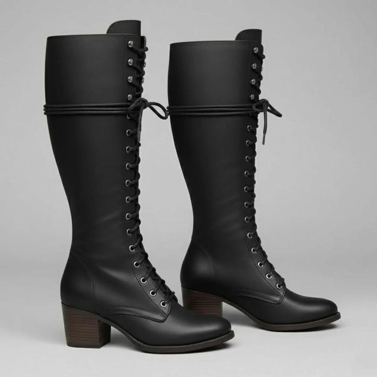 Marguerite | Black Leather Knee High Boots Block Heel Stiletto