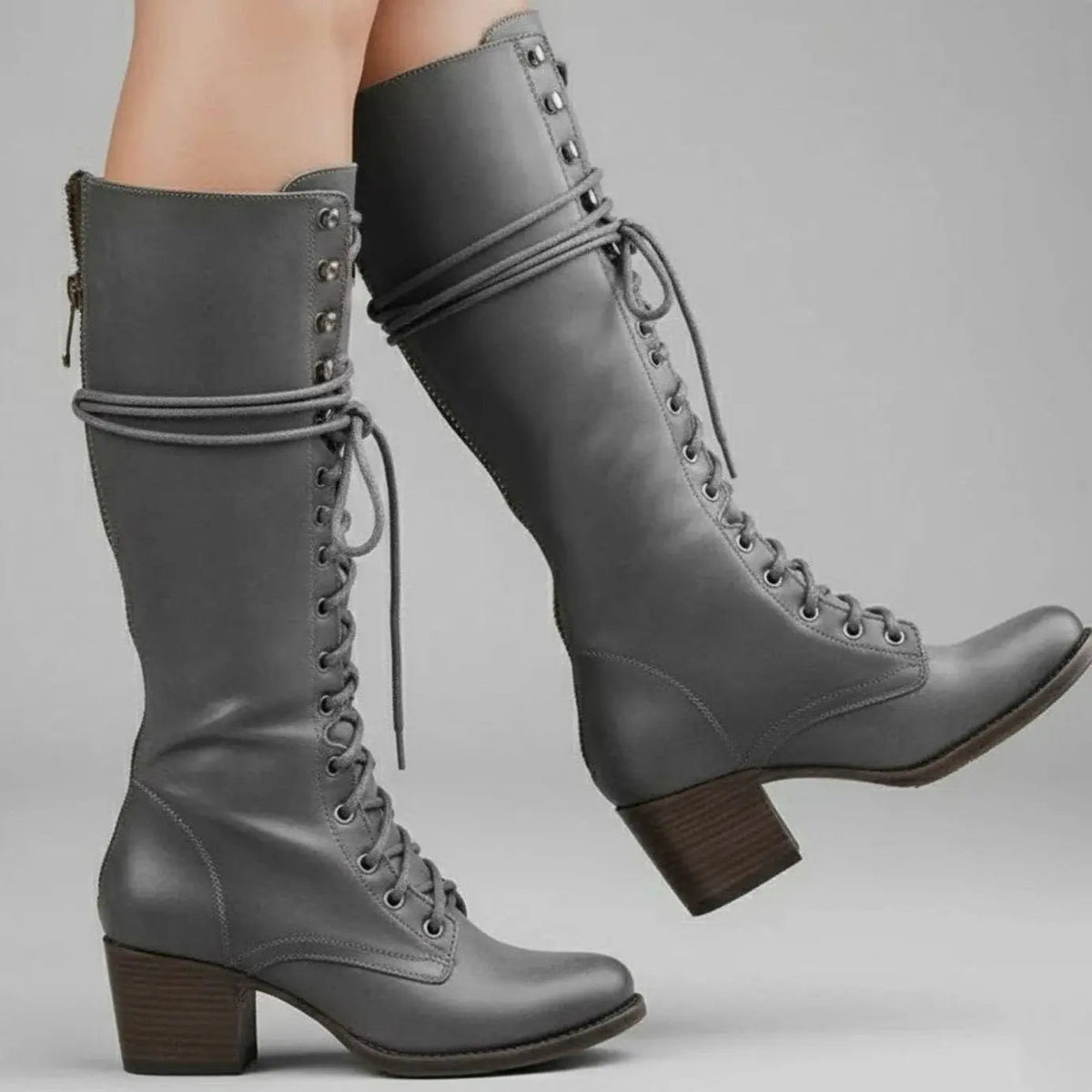Marguerite | Black Leather Knee High Boots Block Heel Stiletto — Grey