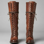 Marguerite | Black Leather Knee High Boots Block Heel Stiletto — Brown