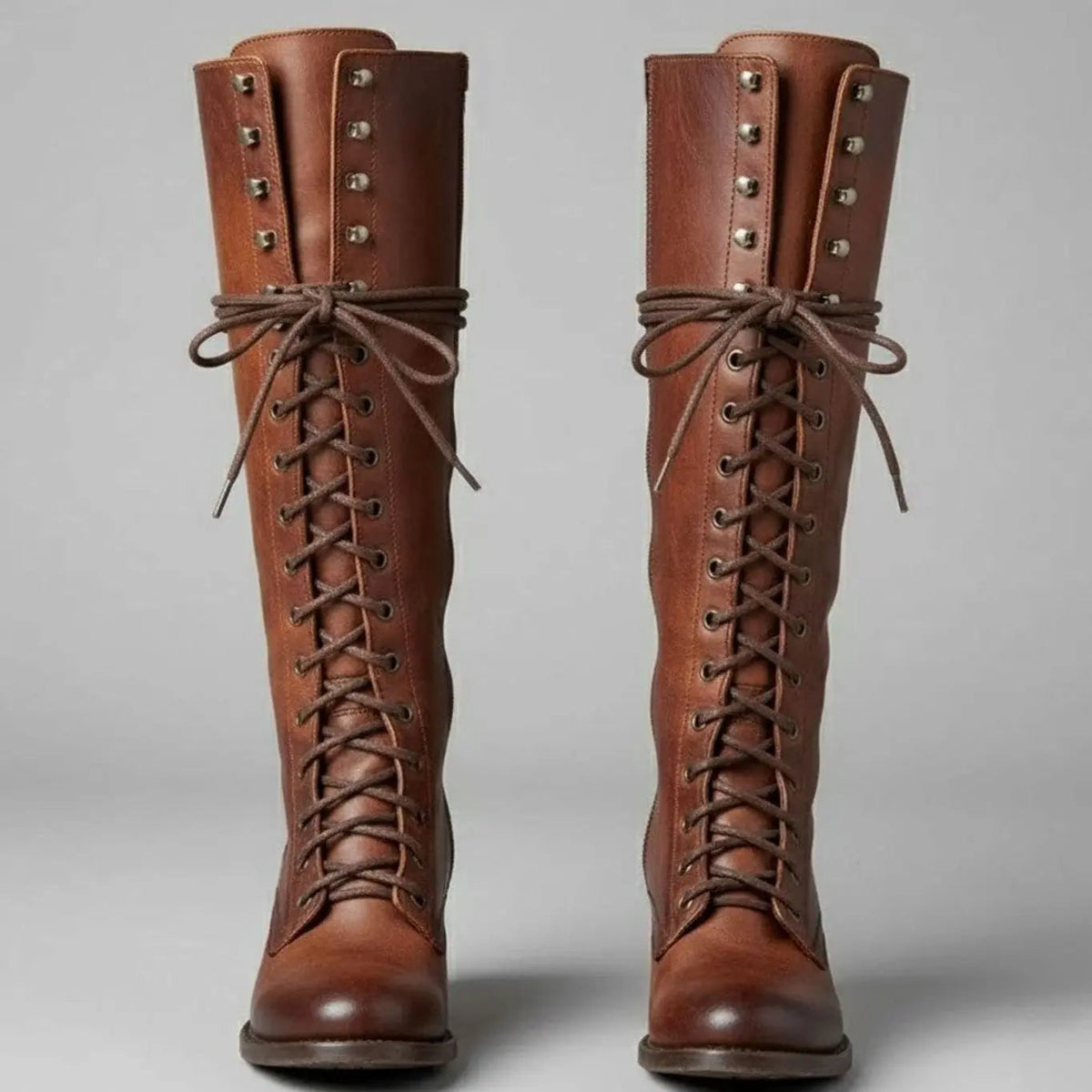 Marguerite | Black Leather Knee High Boots Block Heel Stiletto — Brown