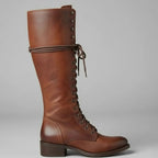 Marguerite | Black Leather Knee High Boots Block Heel Stiletto