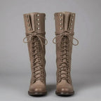 Marguerite | Black Leather Knee High Boots Block Heel Stiletto — Khaki