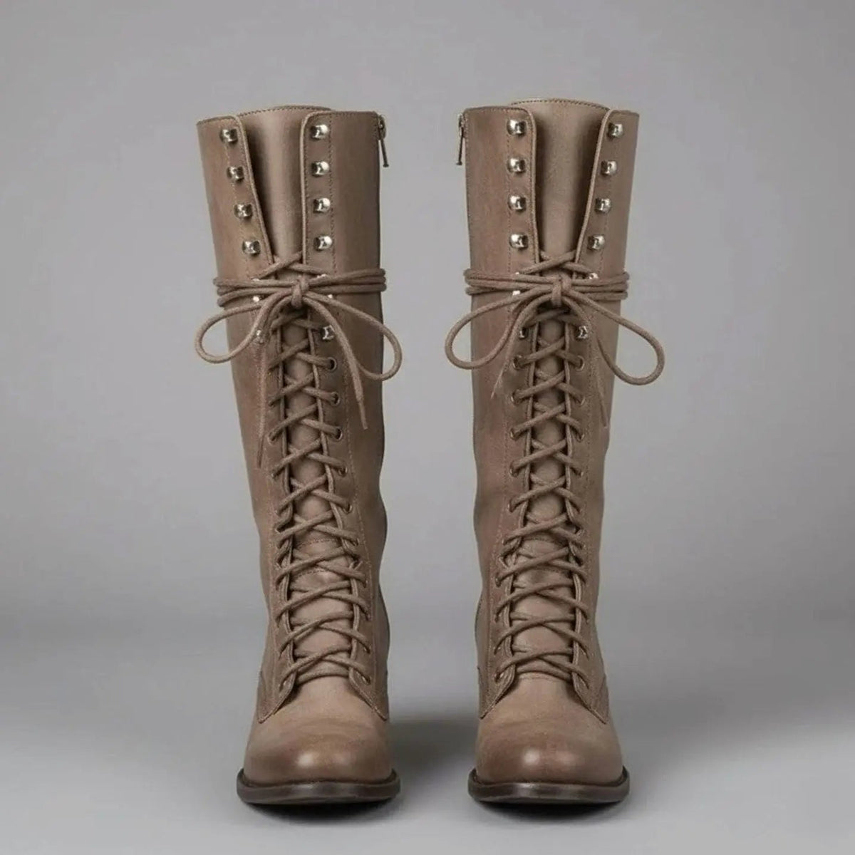 Marguerite | Black Leather Knee High Boots Block Heel Stiletto — Khaki