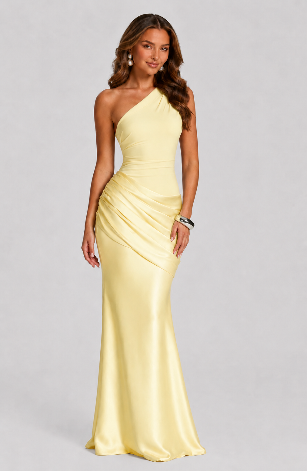 Philippa | One-Shoulder Draped Satin Maxi Evening Dress