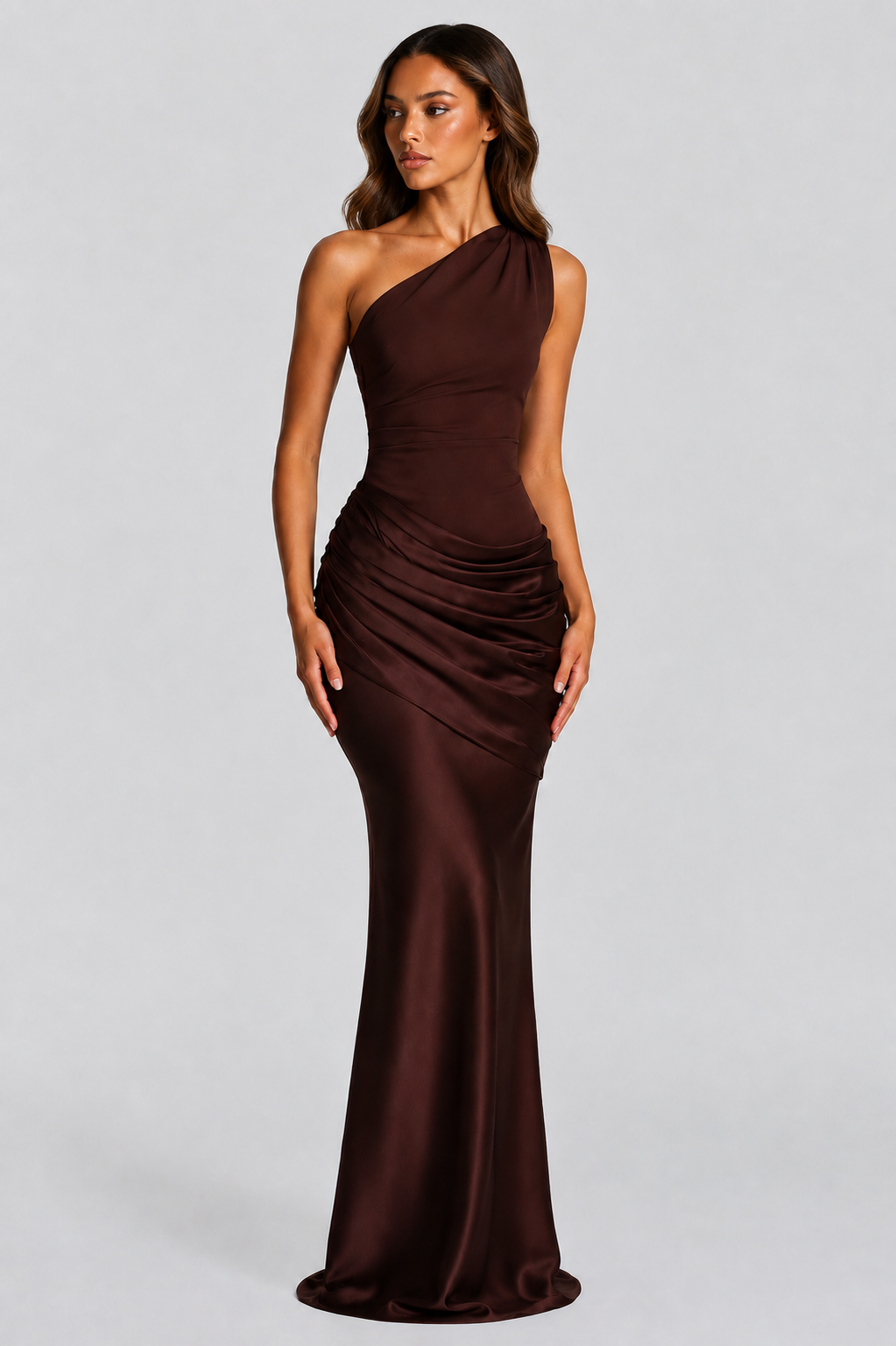 Philippa | One-Shoulder Draped Satin Maxi Evening Dress