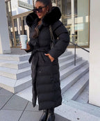 Giselle | Long Black Puffer Coat With Fur Trimmed Hood — Black