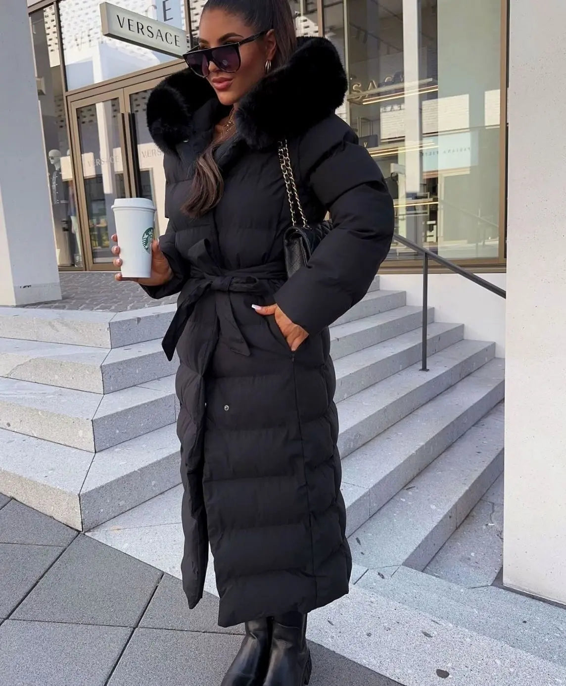 Giselle | Long Black Puffer Coat With Fur Trimmed Hood — Black