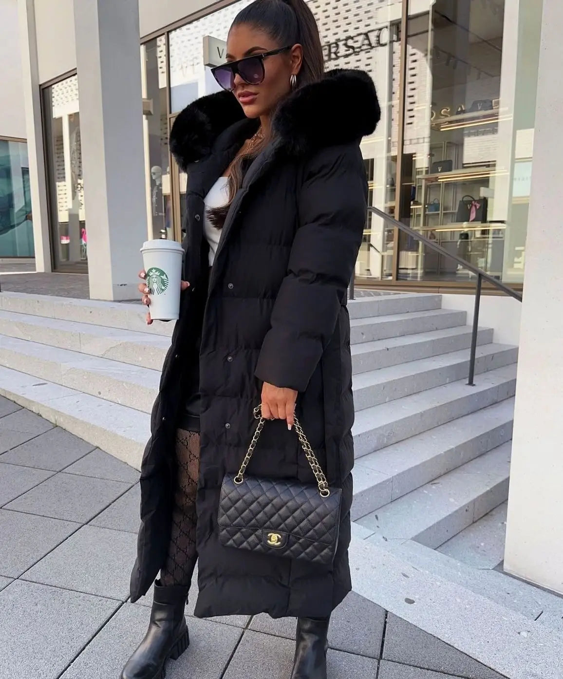 Giselle | Long Black Puffer Coat With Fur Trimmed Hood