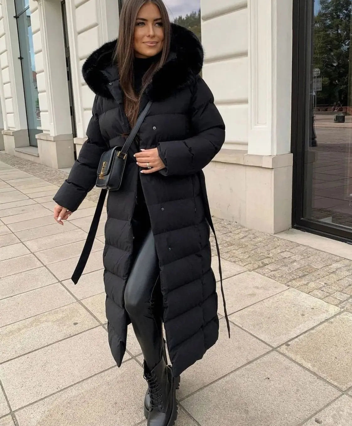 Giselle | Long Black Puffer Coat With Fur Trimmed Hood