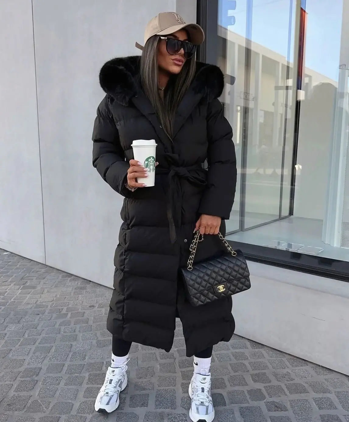 Giselle | Long Black Puffer Coat With Fur Trimmed Hood
