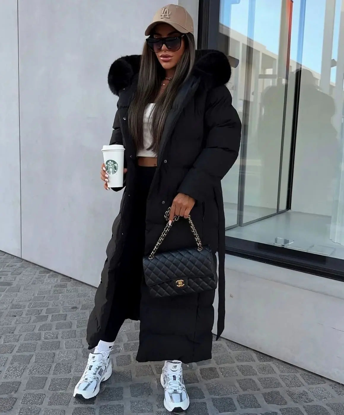 Giselle | Long Black Puffer Coat With Fur Trimmed Hood