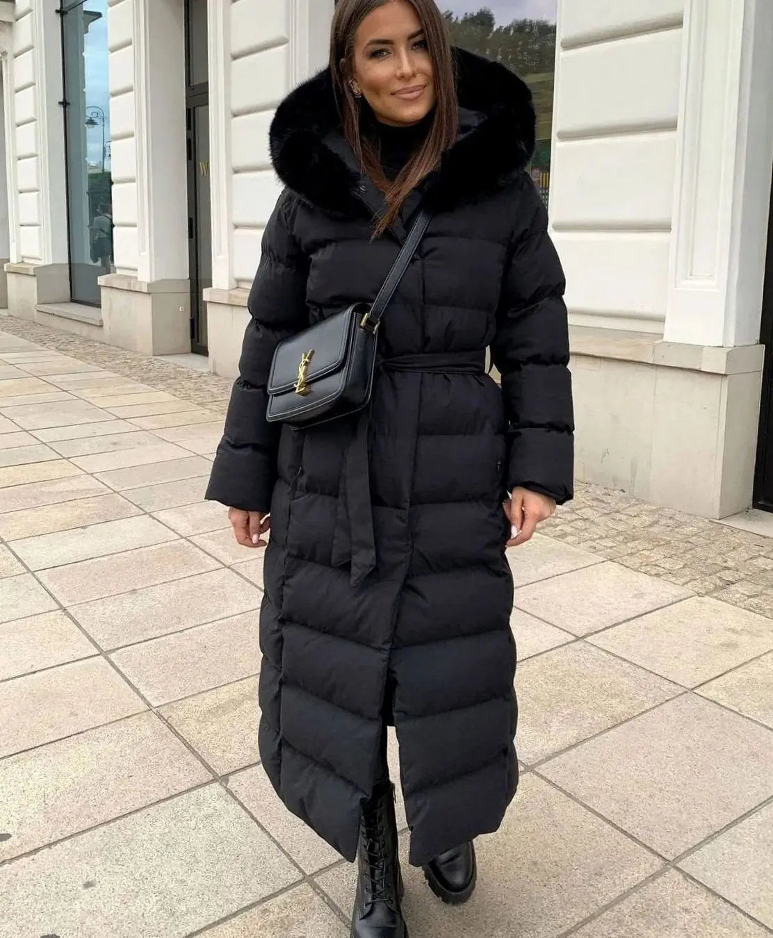 Giselle | Long Black Puffer Coat With Fur Trimmed Hood