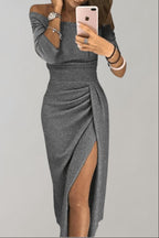 Odette | Cold-Shoulder Glitter Evening Cocktail Midi Dress