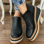 Clemence | Black Leather Wide Fit Platform Wedge Heeled Chelsea Boots — Black