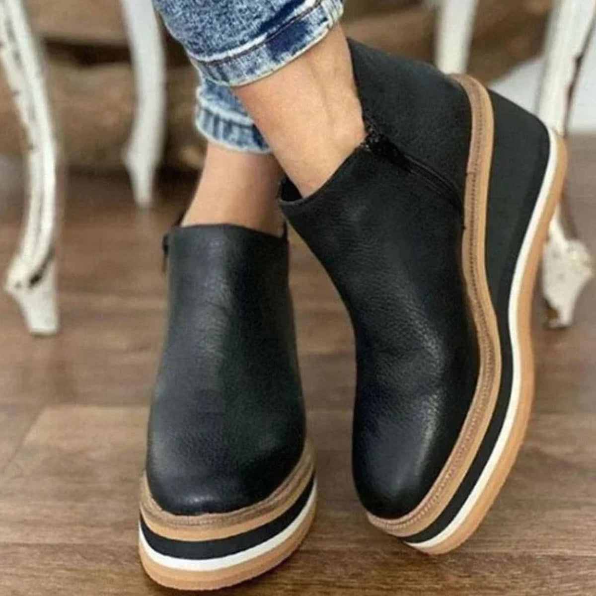 Clemence | Black Leather Wide Fit Platform Wedge Heeled Chelsea Boots — Black
