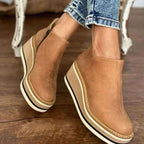 Clemence | Black Leather Wide Fit Platform Wedge Heeled Chelsea Boots — Khaki