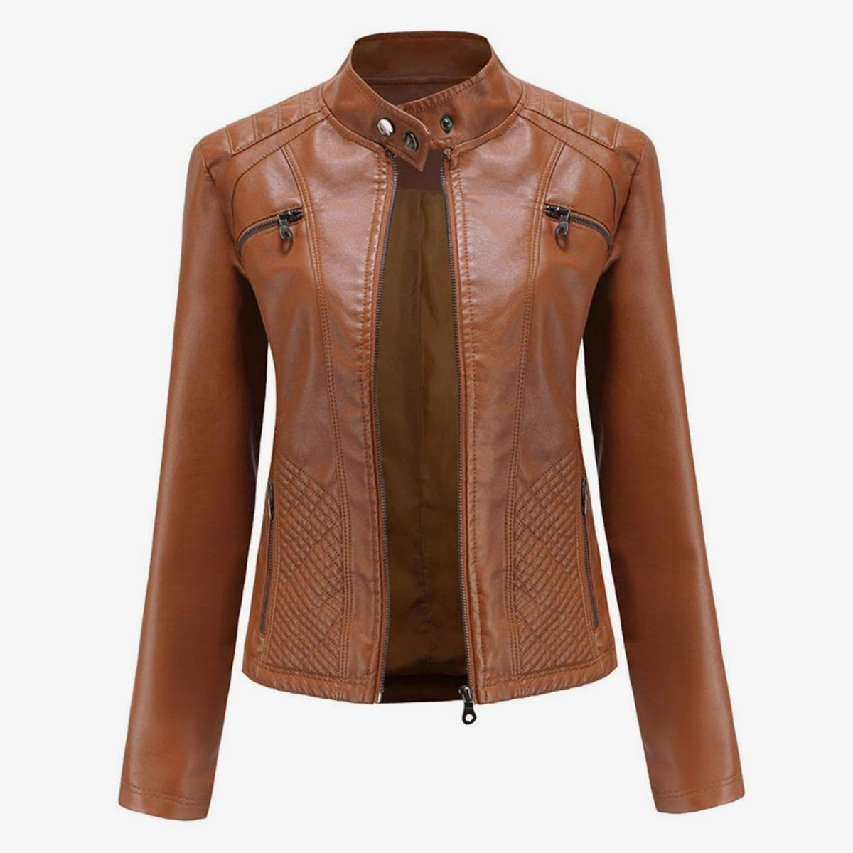 Wilhelmina | Faux Leather Biker Moto Jacket With Fur Collar — Camel