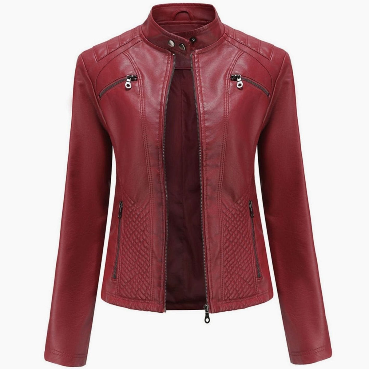 Wilhelmina | Faux Leather Biker Moto Jacket With Fur Collar — Burgundy