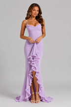 Hermione | Ruffle Spaghetti Strap Evening Maxi Dresses — Lilac