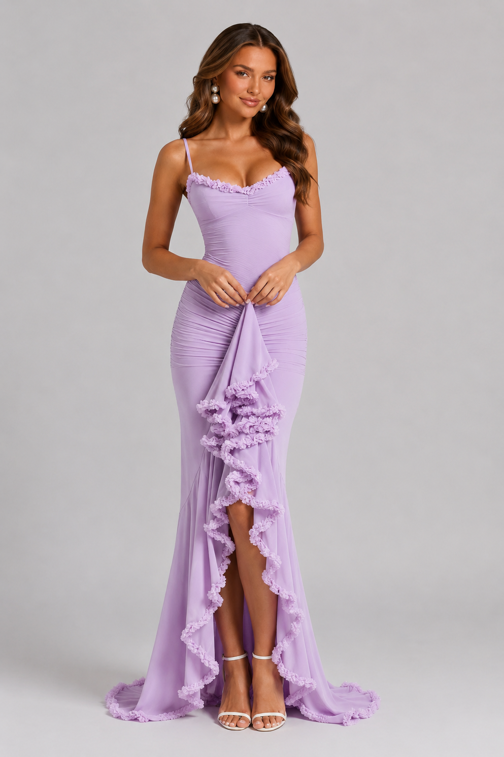 Hermione | Ruffle Spaghetti Strap Evening Maxi Dresses — Lilac