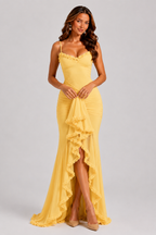 Hermione | Ruffle Spaghetti Strap Evening Maxi Dresses — Yellow