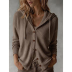 Theodora | Chunky Cable Knit Ribbed Cardigan Cream Rib Hooded — Khaki