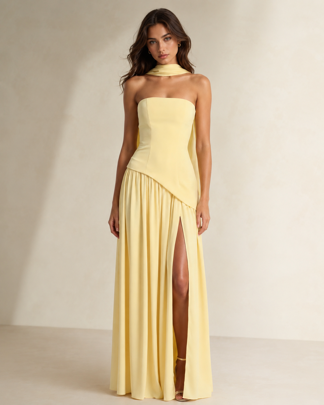 Solene | Black Strapless Scarf Neck Maxi Dress — Yellow