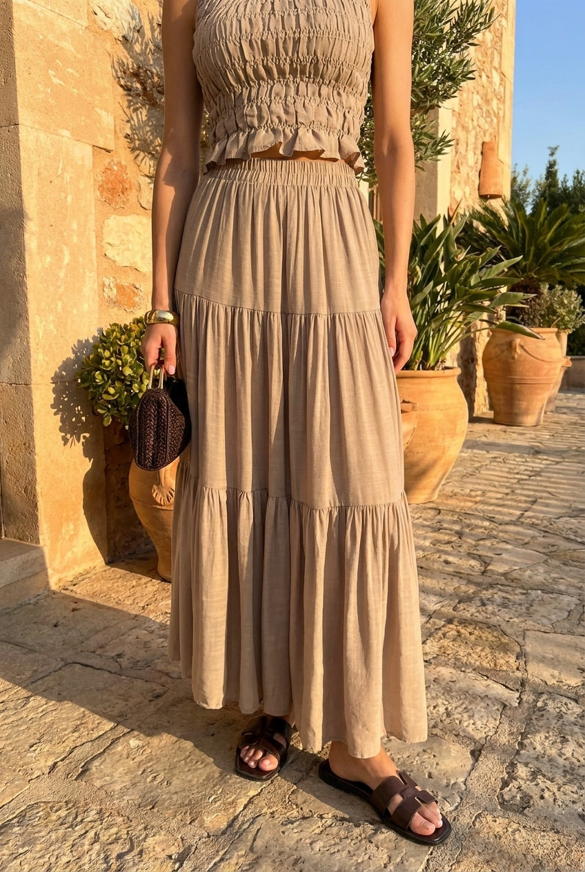 Clara | Stone Tiered Midi Skirt
