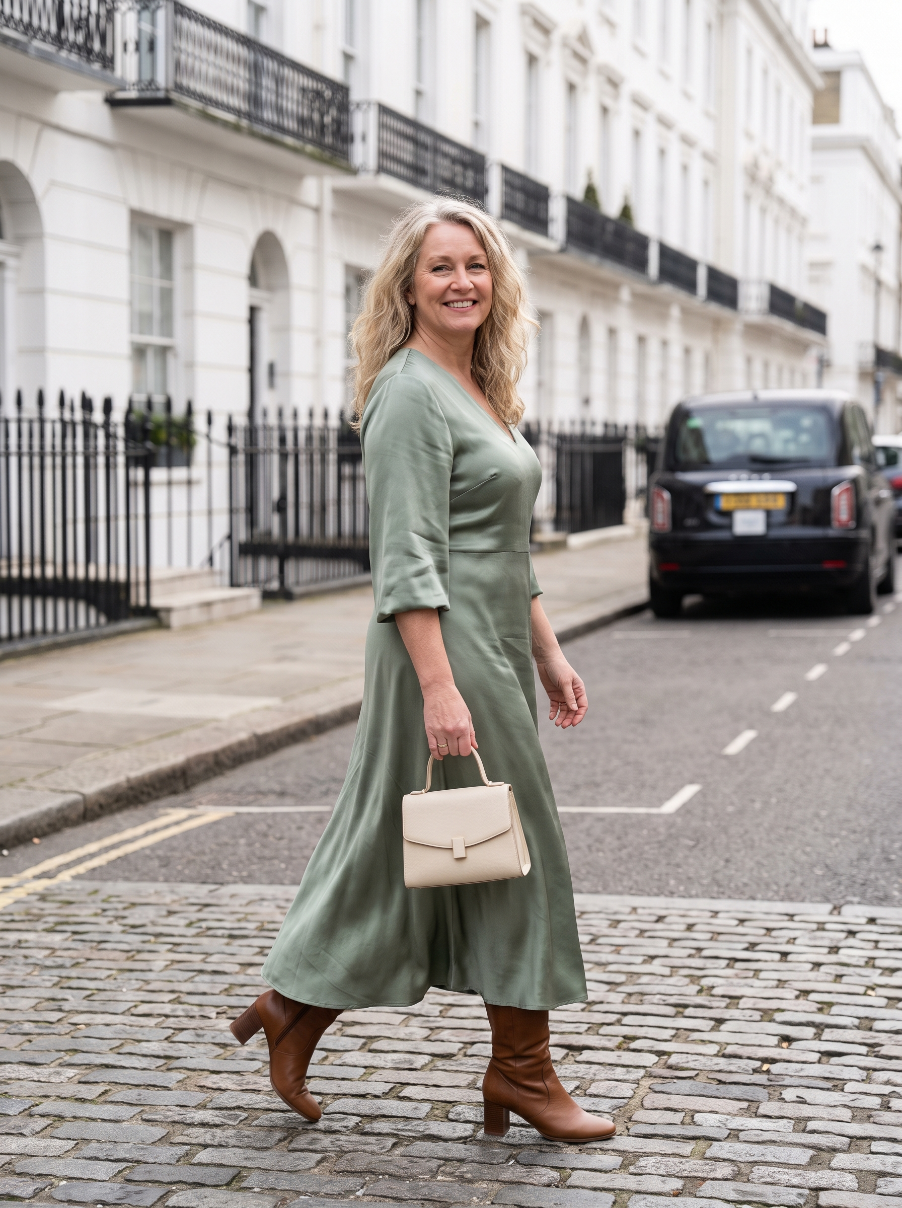 Confident woman in a sage satin dress walking a classic London street